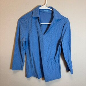J.McLaughlin Blue Top XS 3/4 Sleeve Collar V Neck Textured Knit‎ Blouse